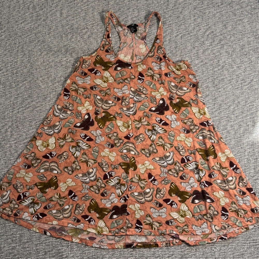 HM Womens Butterfly Print Racerback Long Tank Short Dress Terracotta Sz M Flowy